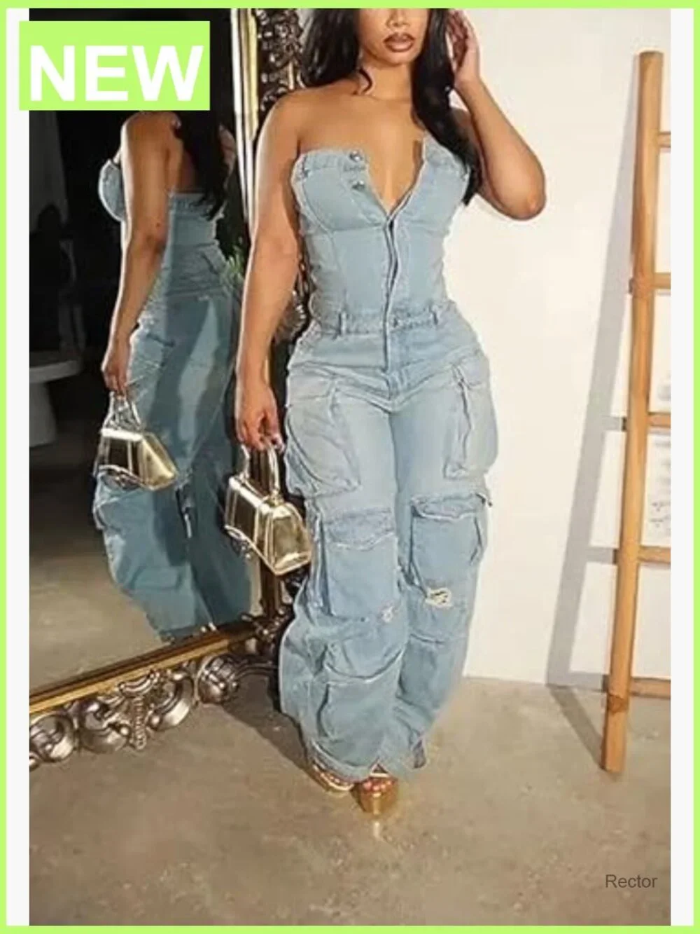 Cargo Denim Jumpsuit with Pockets, Stretch, Button Down - Picture 3 of 7